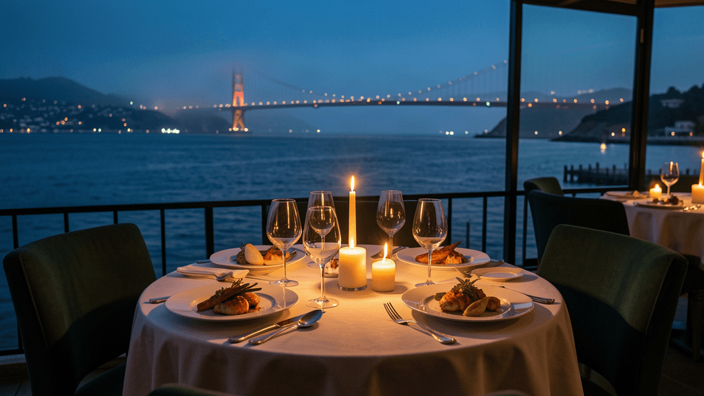 Romantic waterfront dinner overlooking San Francisco Bay