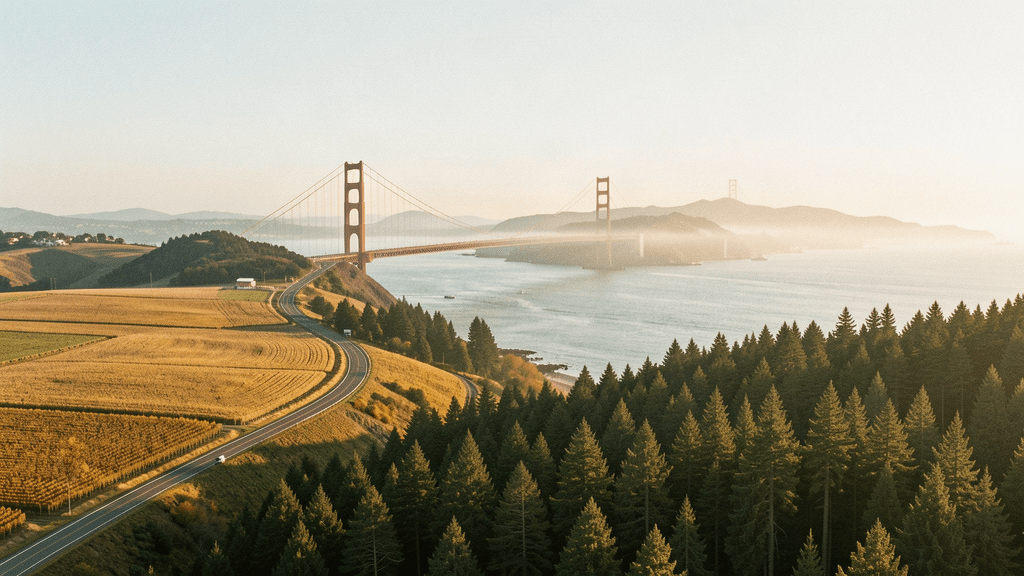 Northern California road, bay, bridge and redwood landscape