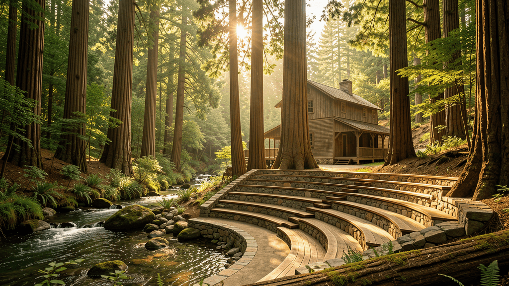 Redwood grove amphitheater in warm filtered sunlight